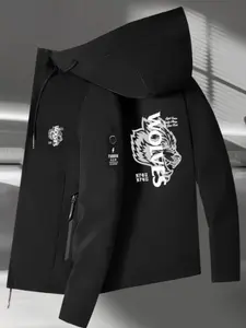 New Men's and Women's Windproof Hooded Jacket, Long Sleeve Fitted Outerwear, Wolf Head Print, All-Season Outdoor Fashion