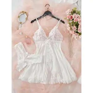 1 Count Ladies' Sexy Ruffle Trim Cami Nightdress & Bow Decor Panty Sets, Comfortable Playful Floral LaceSee Through Sleepwear Set, Sexy Slim-fit Spaghetti Strap Dress& Thong Set, Comfy Pj Set, Suitable For Holiday&Valentine's Day
