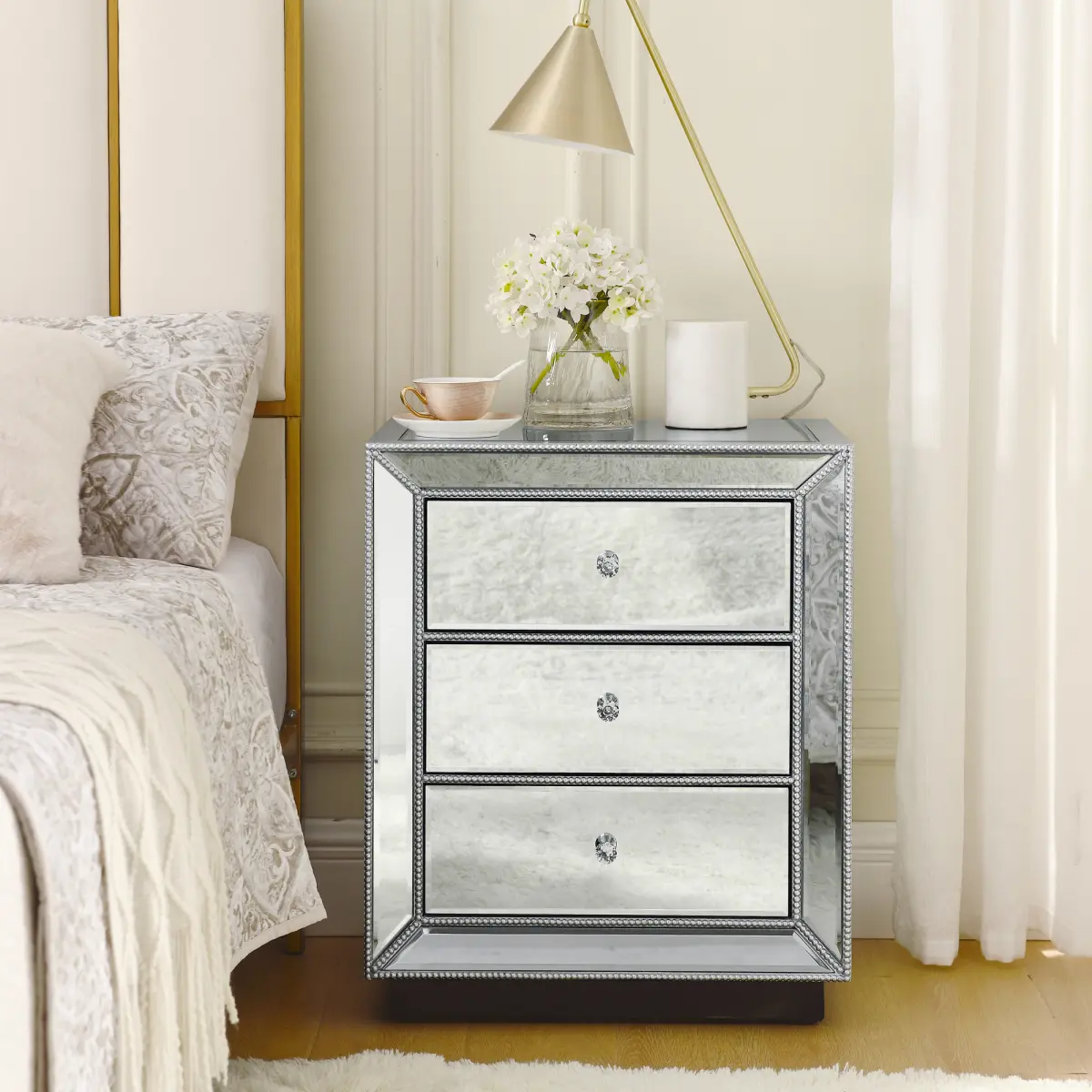 Mirrored Nightstand with 3 Drawers Luxury Silver Mirror Glass Bedside End Table with Crystal Knob for Bedroom Living Room, Fully Assembled