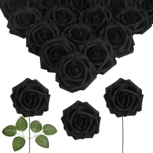 50pcs Simulation 8cm PE Roses with Stems Foam Flower Head Hand Bouquet Wedding Candy Box Accessories Artificial Garden Decoration Ornaments