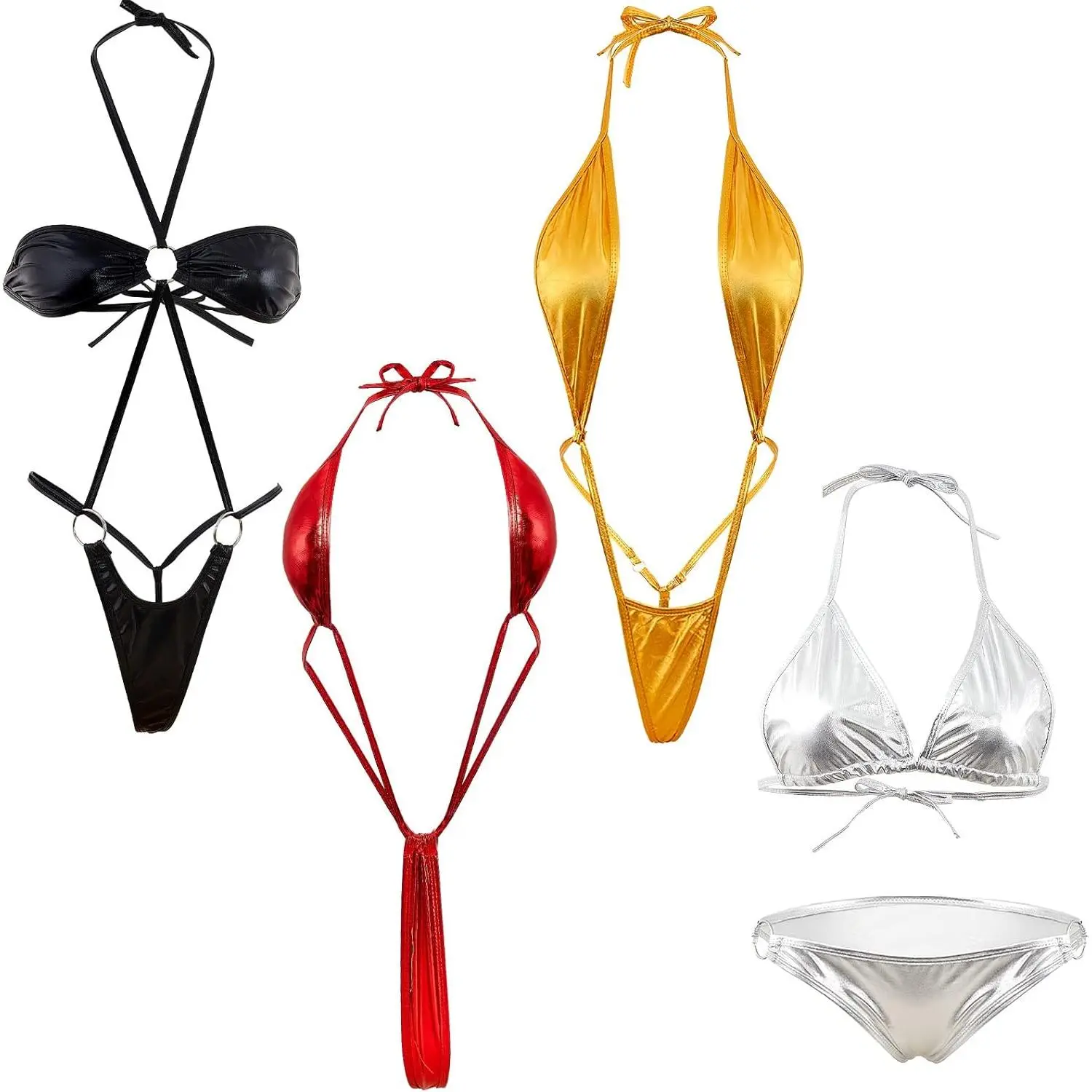 Women's Slingshot Bikini Swimsuit, Solid 4-Piece G-String Thong Set, Exotic Lingerie for Clubwear