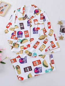 2-piece women's full-body chicken roll taco print pajamas, long-sleeve top and long pants, suitable for all seasons, with pockets and a lapel, button-front cardigan, casual loungewear set