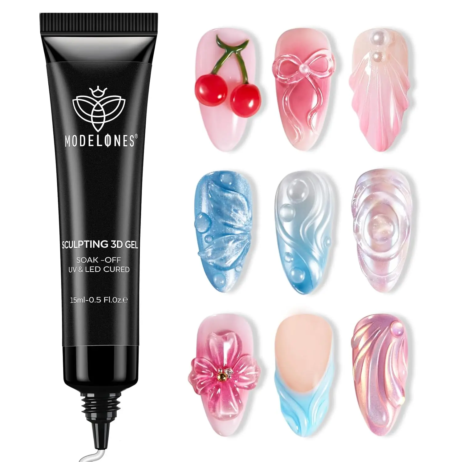 Modelones 3D Nail Art Gel Clear Sculpting Rhinestone Glue No Wipe 15g | Molding Gel for Charms Gems Chrome Powder Water Drop Design Carving Drawing U V Cure Easy Shape Beginner DIY Manicure Stuff