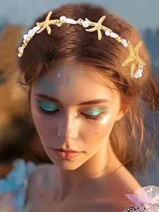 2-piece mermaid starfish hairband set, gold pearl bridal and bridesmaid headwear, fashionable pearl hair accessories for beach weddings, suitable for ladies and girls