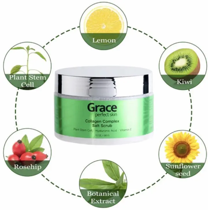 Grace Collagen Complex Salt Scrub - Exfoliant Peel, Cleansing Treatment with Plant Extracts, Hyaluronic Acid for Smooth Skin, Skin Repair & Firming Glow