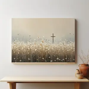 Cross in Flower Field Canvas, Christian Wall Art, Religious Home Decor ( No Frame )