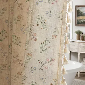 Floral Farmhouse Vintage Linen Shower Curtain, French Country Shower Curtains for Bathroom with Tassels, 72Wx72H