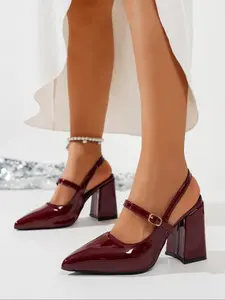Women's Pointed Toe Buckle High Heel Shoes, Spring Summer Fashion Simple Back Pull-Up Design Chunky Sole Sandals, Elegant Sandal, Wine Wedding Shoes