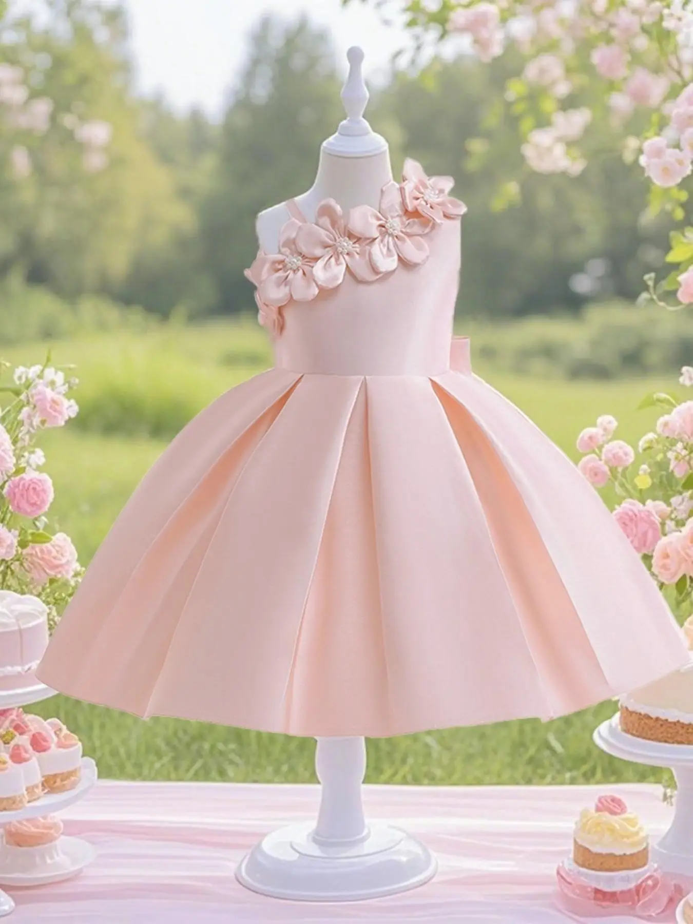 Girl's Floral Appliques Bow Back Pleated Fit & Flare Dress, Elegant Asymmetrical Neck Sleeveless Midi Dress for Party Performance Wedding Guest, Kids