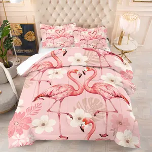 3/2 Pcs Fresh Flamingo Floral Print Comforter Set(1-2 Pillowcases, No Pillow Inserts), Warm & Cozy to Improve Sleep Quality, Eye-Catching Bedroom Decor, Premium Gift for Friends