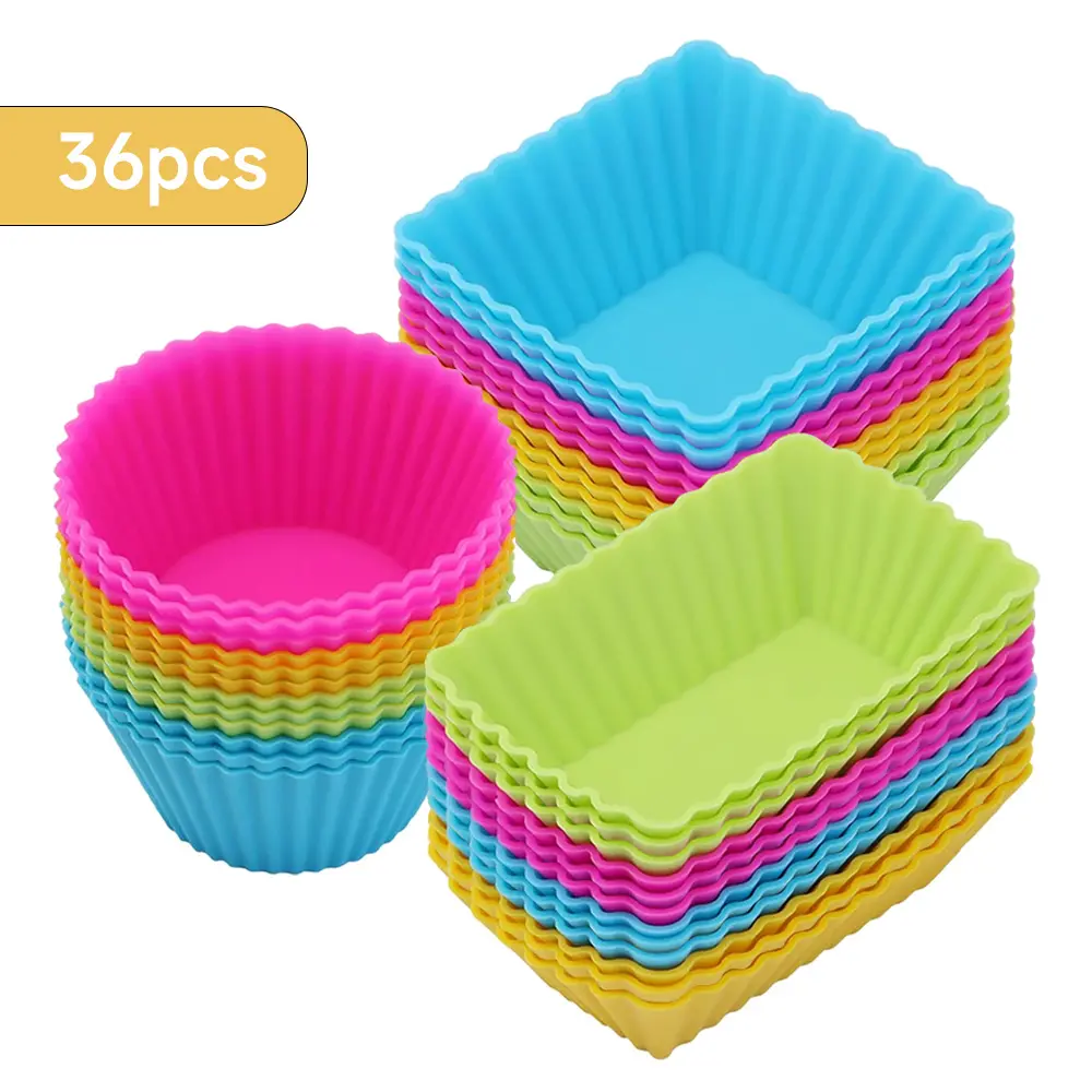 36 Pack Silicone Muffin Cups, Reusable Cupcake Liners Molds for Baking, 3 Shapes Lunch Box Bento Dividers-Round, Square, and Rectangular (Colorsful, Regular Size)