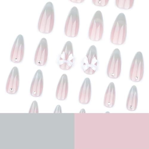Almond Press on Cat Eyes French Tip Gradient Pink Acrylic Nails with Dot Diamond and 3D Bow Designs - 24pcs Glossy Full Cover Glue on False Nails for Women