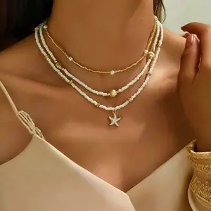 Rregular Shell Starfish Layered Necklace For Women,  Soft Clay Pearl Boho Beach Jewelry daily wear party gift durable accessory design