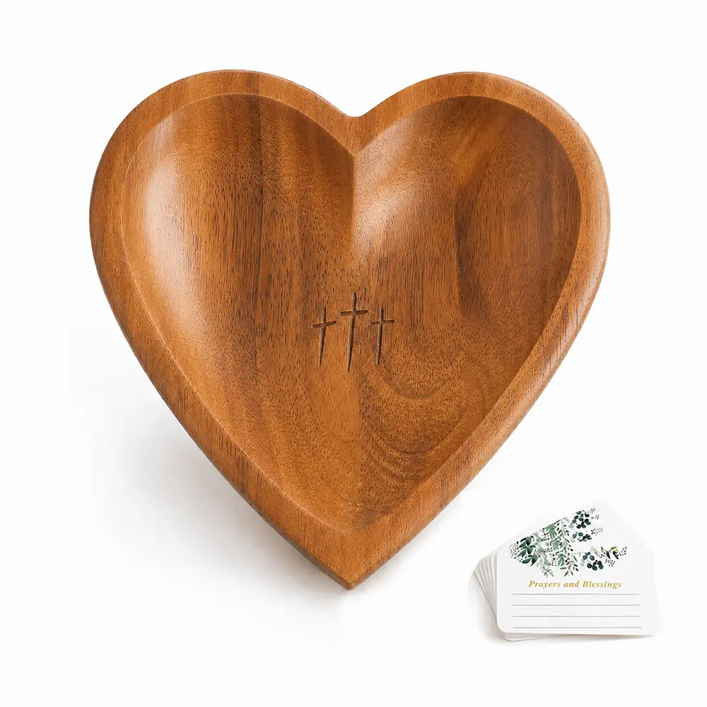 Wooden Heart Prayer Bowl - Christian Religious Home Decor Catchall Dish with 3 Crosses and Blessing Cards