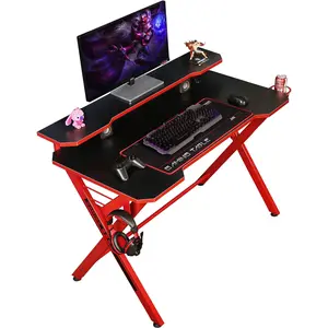 48" Home Office Gaming Computer Desk with Removable Monitor Stand, X Shaped Large Gamer Workstation PC Table with Cup Holder Headphone Hook Speaker Storage Free Mouse pad, RedDouble layer gaming table, desktop home double layer gaming computer table