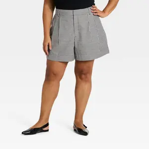 Women's Linen Pleated Shorts - A New Day Black Gingham 18