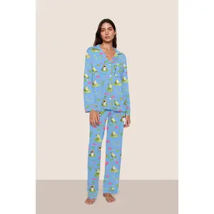 Fun Pond Frog Pattern Long Sleeve & Long Pants Pajamas, Women's Loose Plus Size Loungewear Set Suitable for Outdoor Wear, Fresh Blue Base Printed Lapel Loungewear