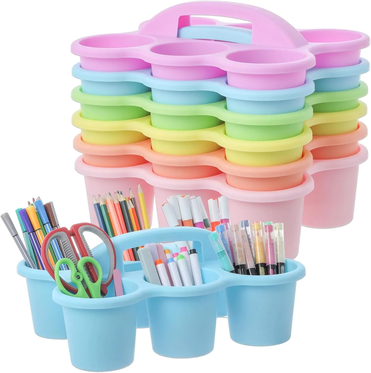 6 Pack Classroom Caddy Organizer with Handle Pastel Plastic Table Caddy Drink Cup Caddies Holder 12x9x3.5 Inches Storage School Supplies 6 Compartments for Table Crayon Pencil Cup Marker Craft