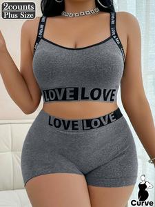 【plus size】 ' love ' letter tape wireless bra & boxer briefs set, casual fashion comfy breathable bra & knicker set for daily wear, women's athletic underwear set outfit for all seasons