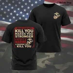 USMC Marine Corps Graphic T-Shirt, Patriotic Military Veteran Tee, Black Short Sleeve Shirt With Front Chest Print, American Flag Style Gift For Marines, Veterans & Proud Supporters