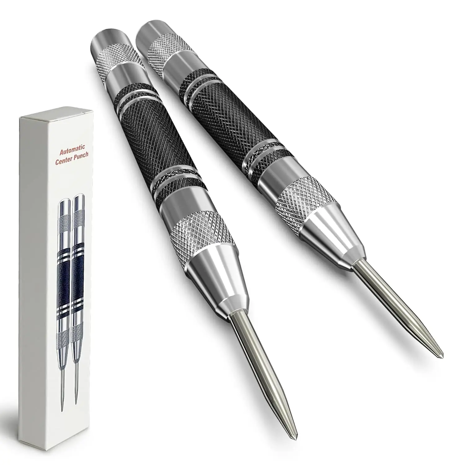 2 Pack Automatic Center Punch, 5 inch Heavy Duty Steel Spring Loaded Center Hole Punch with Adjustable Tension Punch Tool for Metal  Glass Plastic