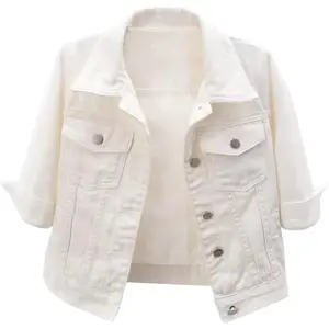 Womens 3/4 Sleeve Short Denim Jacket Lapel Button Down Cropped Trucker Jean Jackets Coats