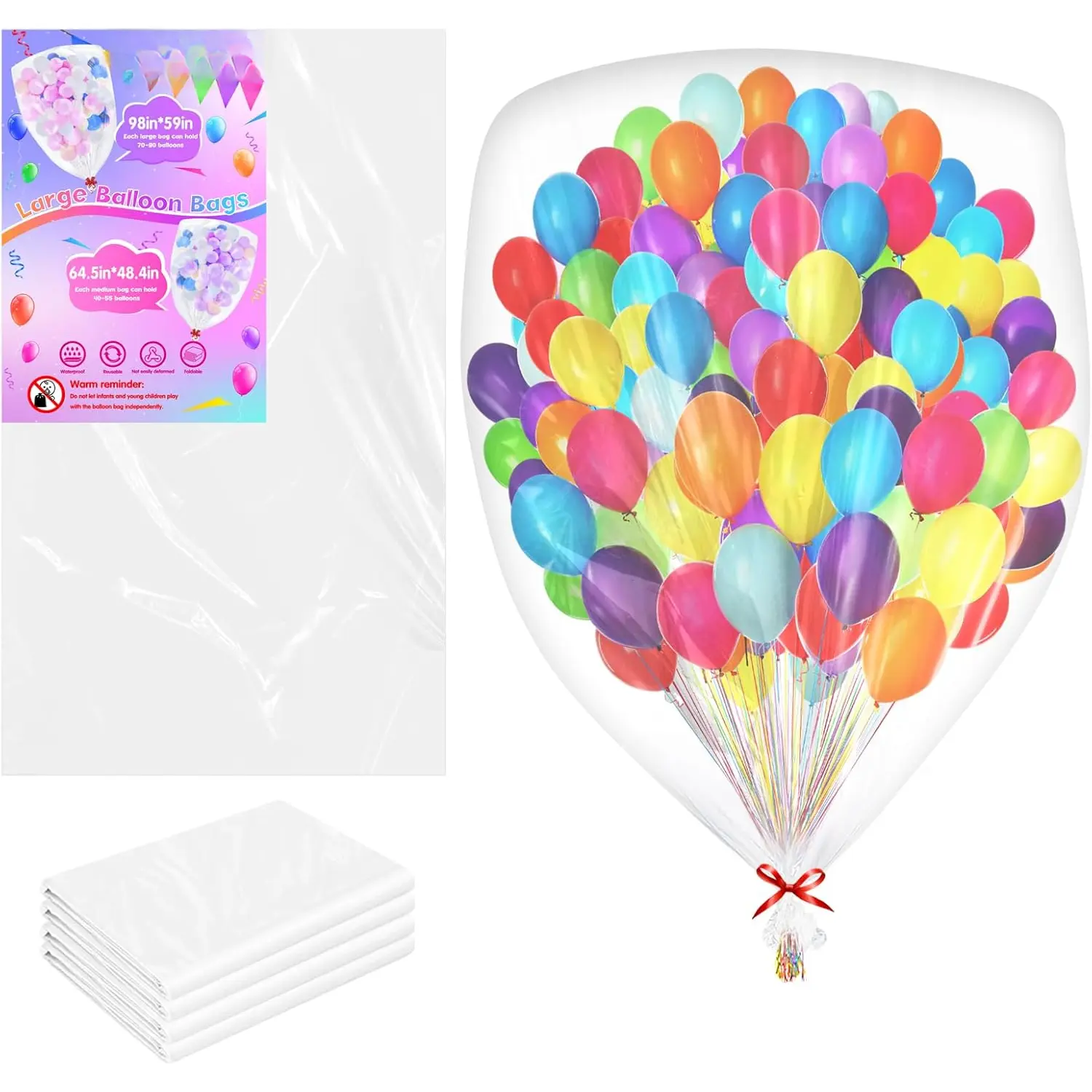 4 count Large Balloon Bags for Transport - 98 x 59 Inch Clear Drop Bag for Storage and Carrying - Wedding, Birthday,  Shower Party Supplies