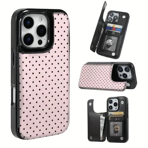 Multi-Model TPU Cellphone Casing with Card Slots for iPhone 16 Pro Max, 16, 15 Pro, 14 Plus - Brown Polka Dot Handheld Cover for Bank & Public Transport Cards, Phone Protection Accessories