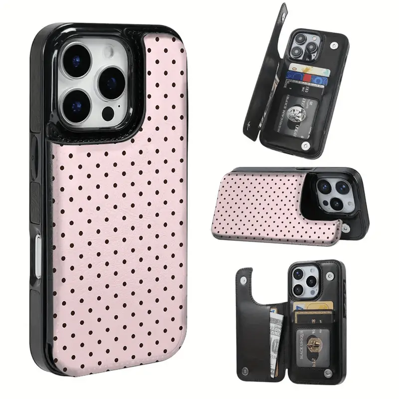 Multi-Model TPU Cellphone Casing with Card Slots for iPhone 16 Pro Max, 16, 15 Pro, 14 Plus - Brown Polka Dot Handheld Cover for Bank & Public Transport Cards, Phone Protection Accessories