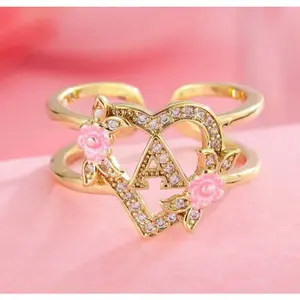 Women's Hollow Flower Alphabet Letter Ring - Heart Design Ring, Moissanite Gem, Moonstone Mood, Niche High-Sense Costume Jewelry, Valentine Gift, Old Money Engagement Option