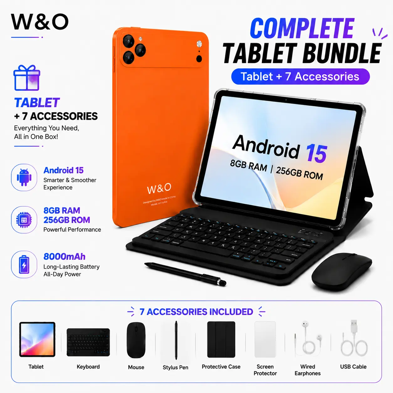 W&O X17 Ultra 7-in-1 Tablet Bundle, 10.1" Android 15 Tablet, 8GB RAM + 256GB ROM, Keyboard Mouse Stylus Case Included, 16MP Rear + 5MP Front Camera, 8000mAh Battery, Portable Tablet for Students, Work, Online Classes & Entertainment cam dual