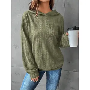 Plus Size Solid Color Cable Knit Hoodie, Casual Long Sleeve Hooded Sweatshirt for Fall & Winter, Women’s Plus Size Clothing for Everyday Wear, Tops
