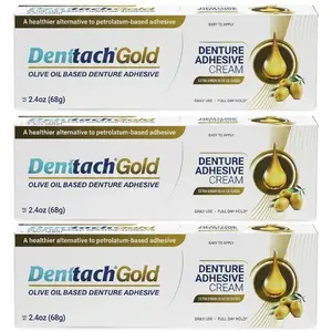 Denttach Gold Denture Adhesive, Petroleum Free Olive Oil Based Premium Denture Adhesive Cream for Full and Partial Dentures, All Day Secure Hold Denture Glue, Zinc Free, 2.4 Ounce (pack of 3)