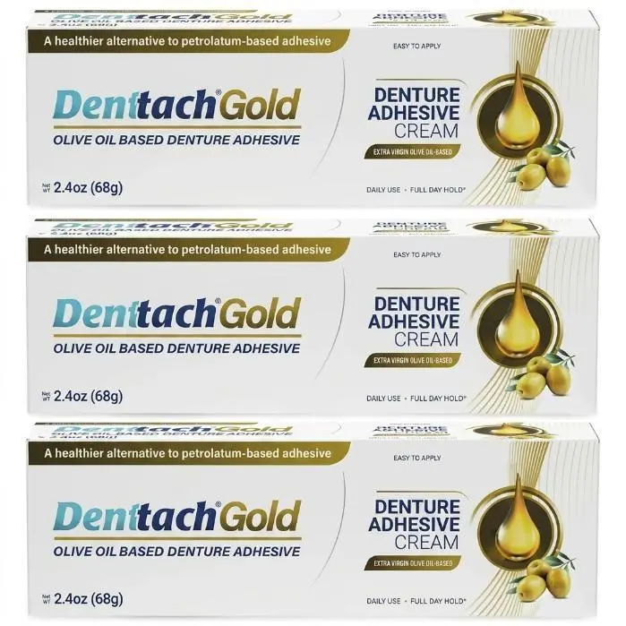 Denttach Gold Denture Adhesive, Petroleum Free Olive Oil Based Premium Denture Adhesive Cream for Full and Partial Dentures, All Day Secure Hold Denture Glue, Zinc Free, 2.4 Ounce (pack of 3)