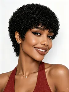 Short Human Hair Wigs with Bangs Afro Curly Wig Natural Black Color for Women