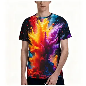 Colorful Explosive Cloud 3D Print Short Sleeve T-Shirt, High-Impact Visual Design, Trendy Men's Clothing, Full Print Short Sleeve, Outdoor Comfortable Party Wear, Couple Pattern, Summer Hot Item