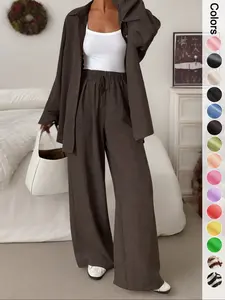 Women's Casual Sporty Shirt Long Pants Set, Loose Button-Up Top Wide Leg Pants Two-Piece Set, Comfortable and Stylish
