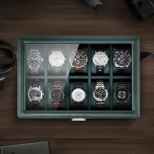 VLANDO Watch Box for Men, 10-Slot 2-Layer Lockable Watch Case with Glass Lid, Large Watch Organizer with Drawer, Gift for Dad Husband
