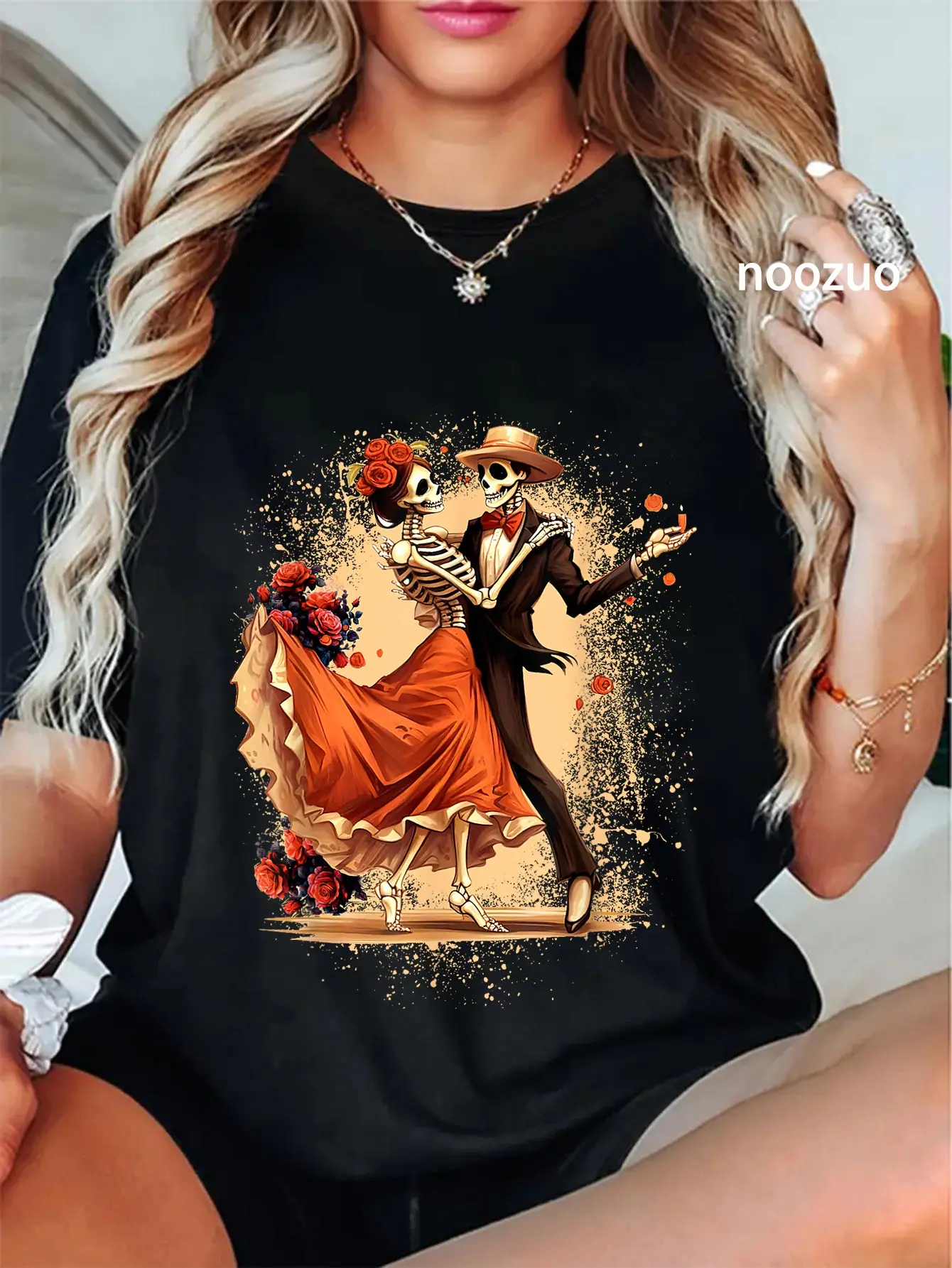 Women's Graphic T-Shirt with Dia De Los Muertos Skeletons, Casual 100% Cotton Streetwear Top, Short Sleeve Round Neck for Everyday Wear
