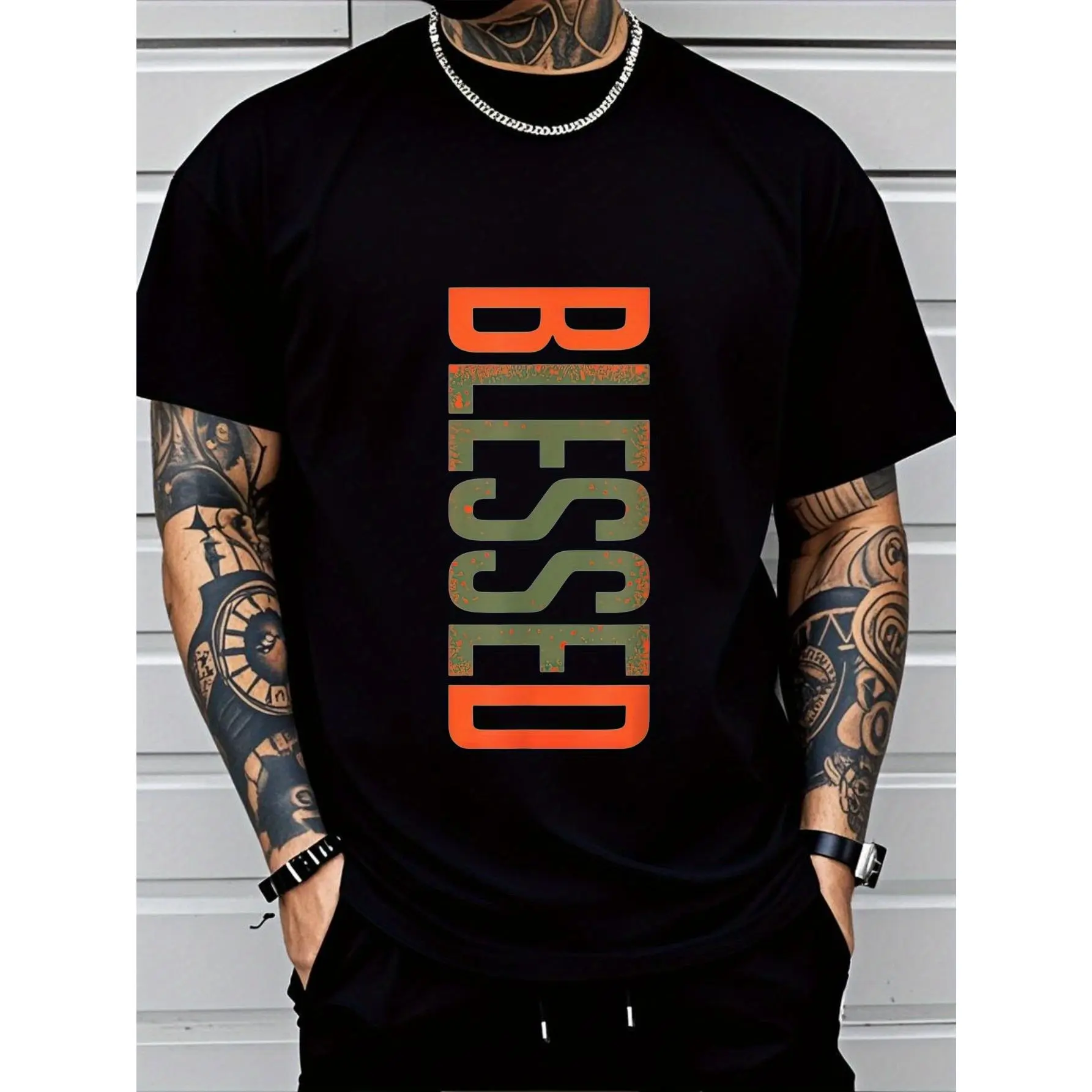 Men's Graphic T-Shirt with "BLESSED" Print, Soft 100% Cotton Vintage Style Relaxed Fit Crew Neck Top