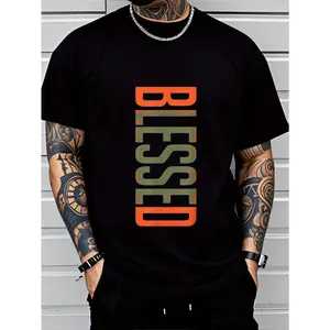 Men's BLESSED Printed Oversized Black T-Shirt | Breathable Comfortable, Machine Washable Casual Short Sleeve Top, Casual Wear
