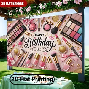 2D Flat, 1pc Happy Birthday Makeup Party Backdrop Banner - Elegant Makeup Theme Decoration with Cosmetic Products Design, Large 243.84x182.88cm Birthday Party Decorations for Women, Makeup Artists, Photo Booth Background Ornaments White