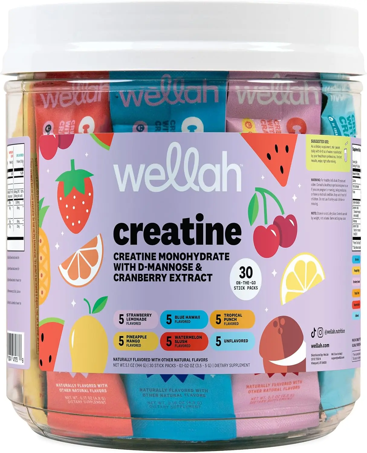 Wellah Creatine for Women (Variety Pack) 30 Stick Packs, 6 Flavors | 3g of Creatine Monohydrate Powder with Dandelion & Cranberry Extract, to-Go Packets