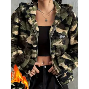 pallet jacket Camo Print Zipper Plush Jacket, Fashionable Long Sleeve Hooded Jacket For Fall And Winter, Women's Clothing