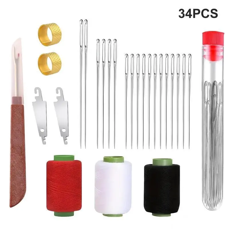 34 PCS Big Eye Steel Sewing Needles Set Long Thin Handmade Quilting Embroidery Mending DIY Craft Fabric Repair Projects with Storage Tube & Thimble