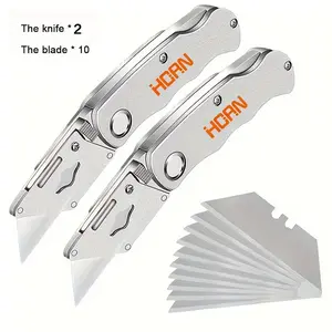Two Multifunctional Folding Pocket Knives, Electrician Utility Knives (10 Blades Included) - Paper Cutter, DIY Tools, Stainless Steel, High-Carbon Steel. For woodworking, camping, wallpaper cutting, portable hand tools.