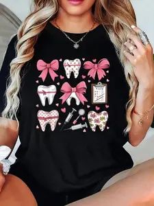 Pink Coquette Bow Cute Teeth Dentist Squad Dental Assistant T-Shirt Crew Neck T Shirt For Summer, Women's Soft Short Sleeve Top, Stylish Comfy Tee For Women Graphic Tees