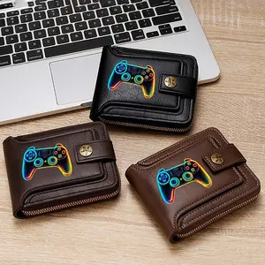 Vintage Leather Wallet with Neon Video Game Controller Print for Gamers  Casual Everyday Use  Perfect Gift for Father's Day  Christmas  Birthdays  and Anniversaries  Durable Mens Bifold Wallet for Travel and Daily Carry