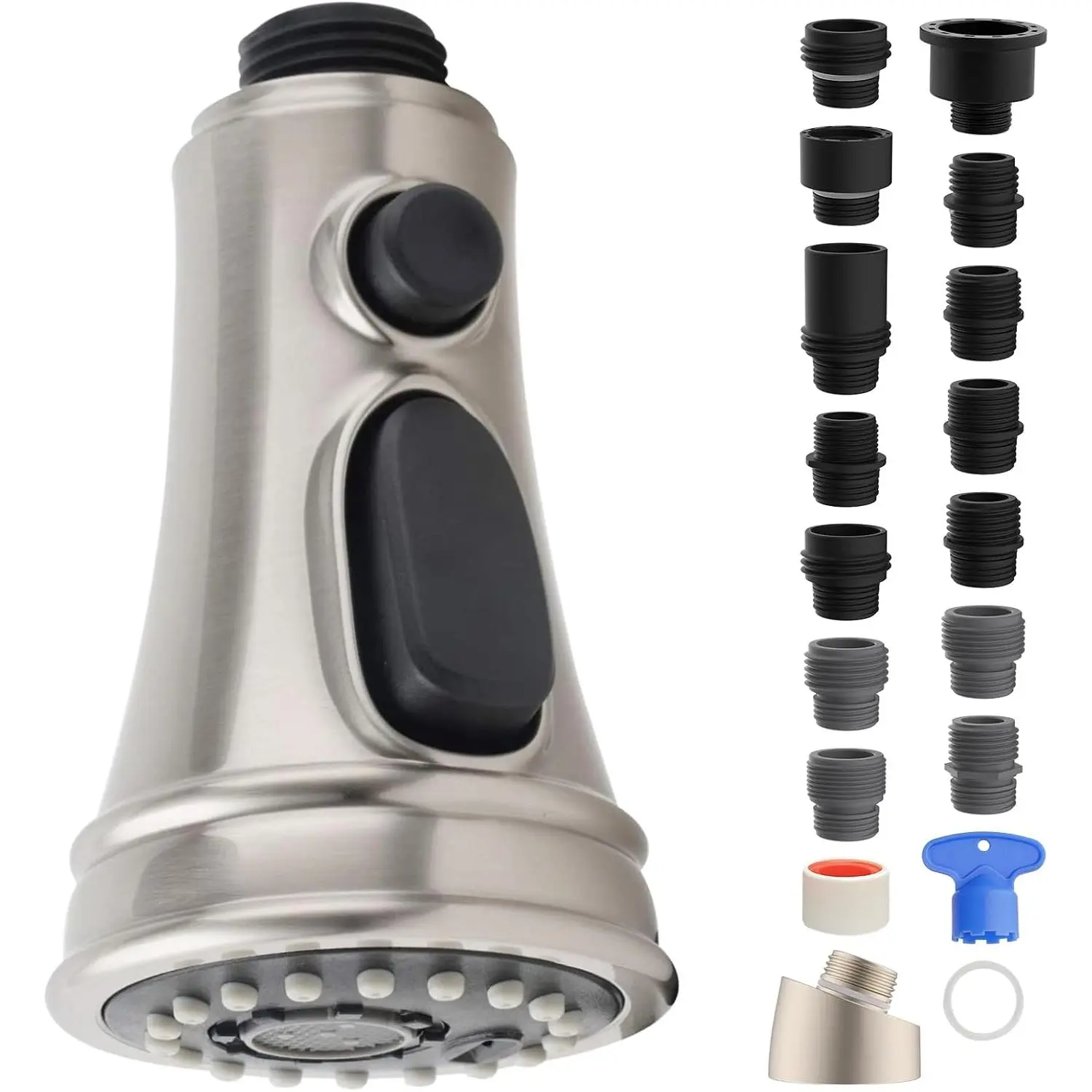 Pull Down Spray  3 Modes for Kitchen, Kitchen Sink Aerator Faucet Sprayer Nozzle, Fifteen Adapters Faucet  Replacement Compatible with Moen, Delta, Kohler, Brushed Nickel