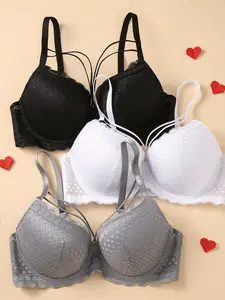 3-Piece Set Plus Size Women's Sexy Lace Soft Underwire Medium Multiway Bra Set Adjustable Buckle Push-up and lift design prevents sagging Comfortable, Casual and versatile for all seasons